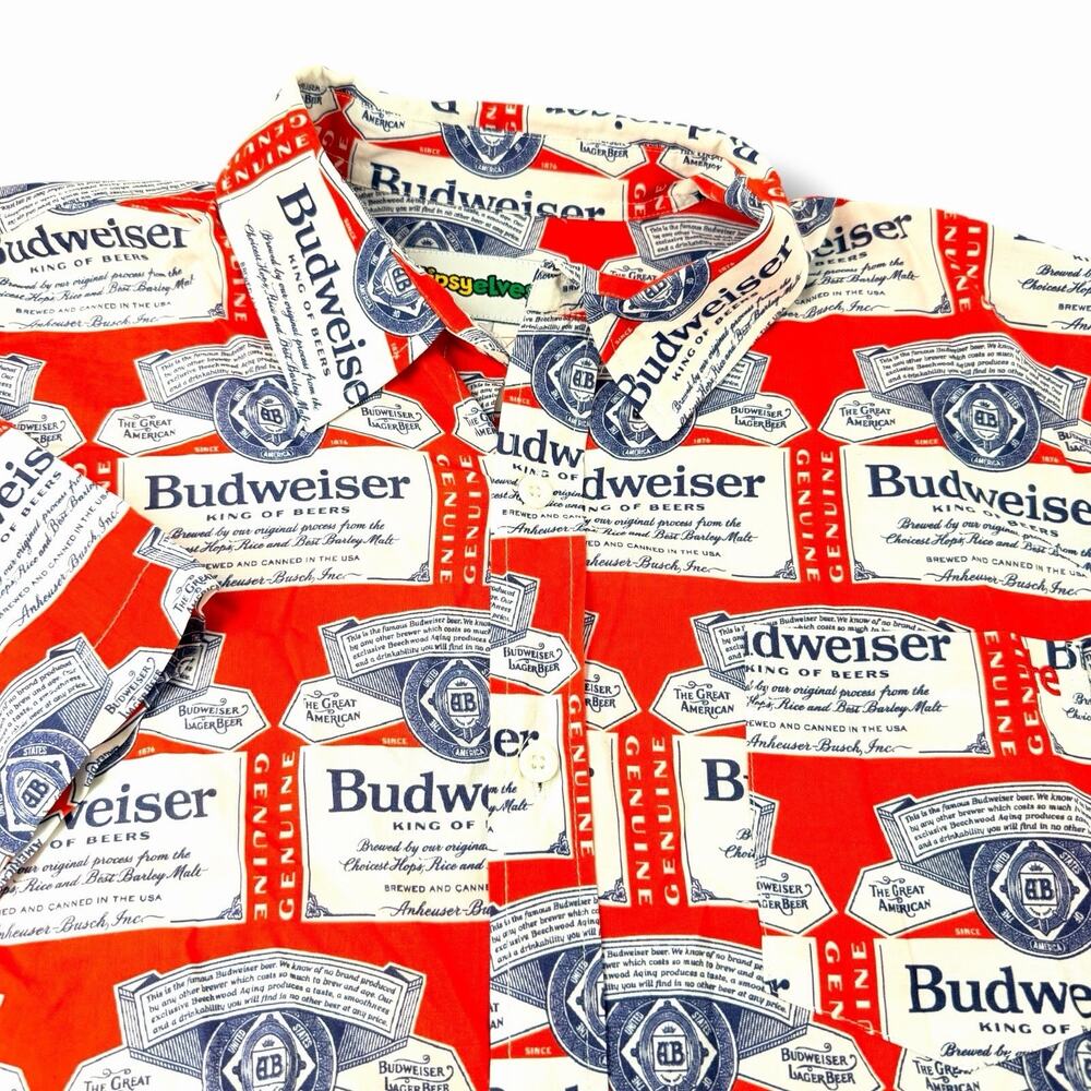 TIPSY ELVES Budweiser Short Sleeve Button Up Shirt L Beer Print Dad Frat core